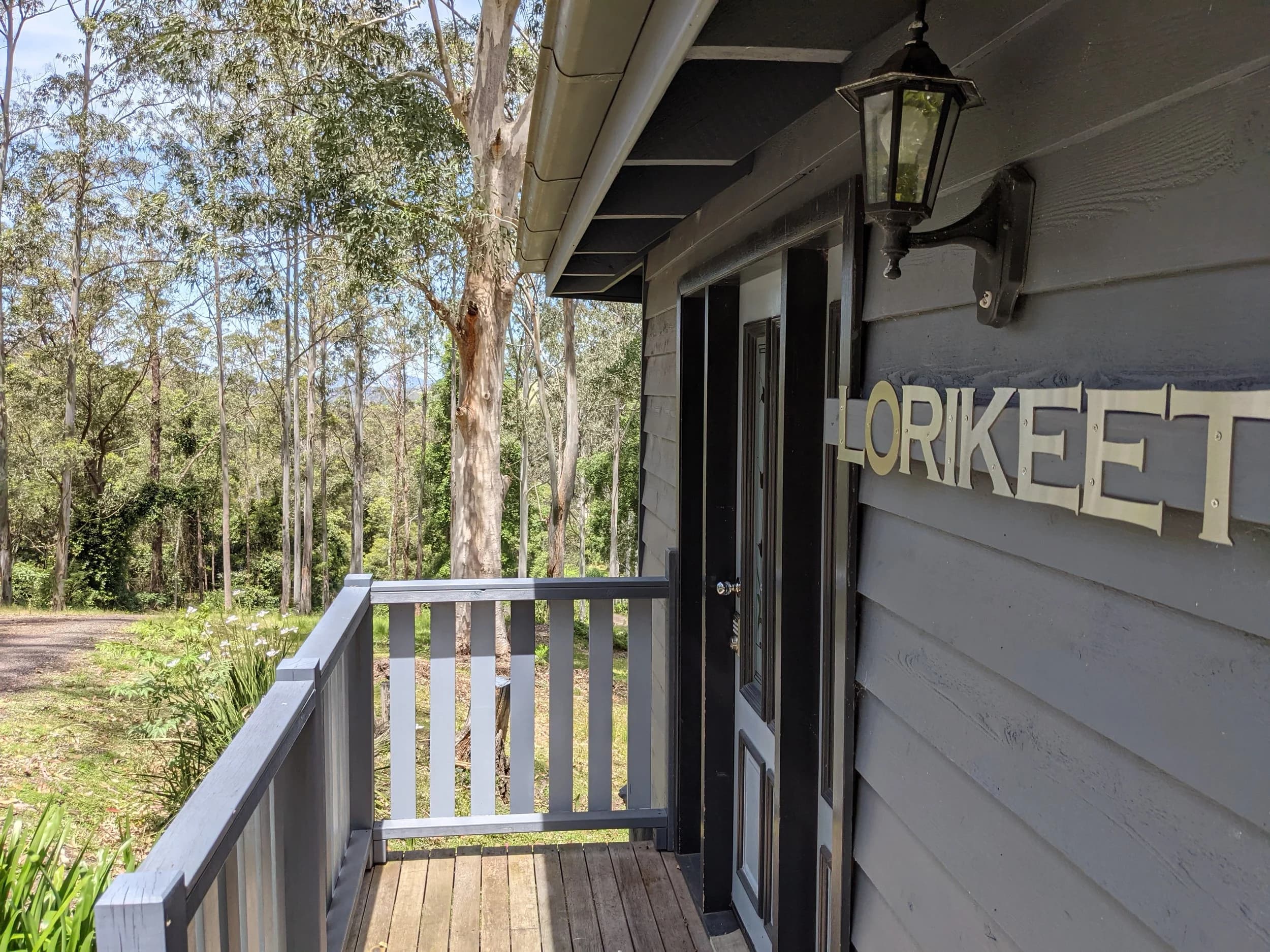 Lorikeet Cabin entry with surrounding eucalyptus trees